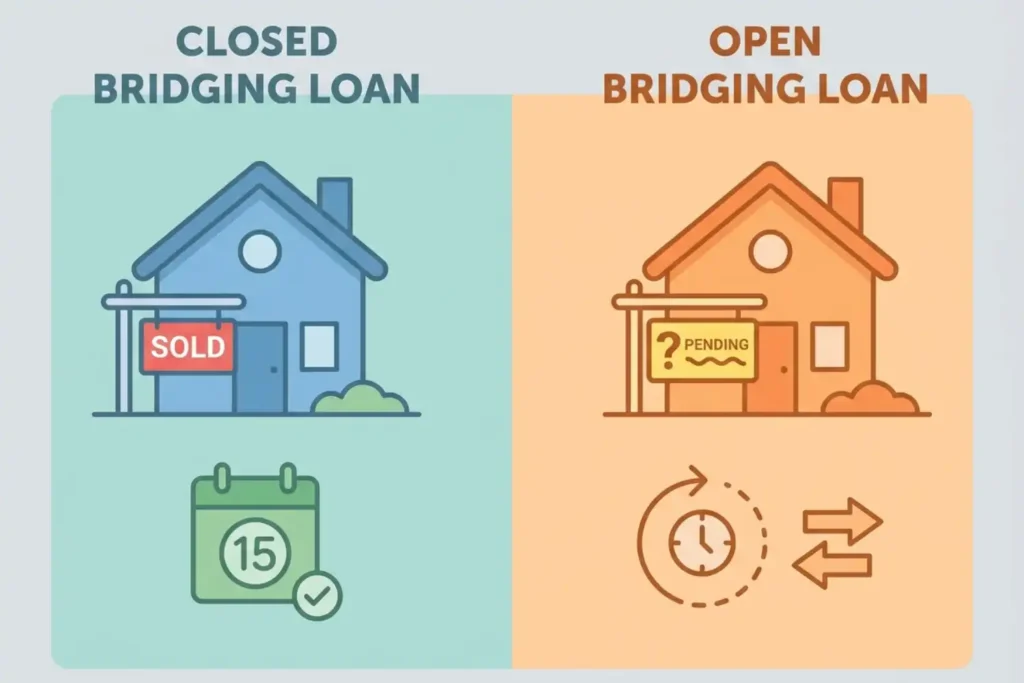 Open bridging loan vs closed bridging loan — property developer reviewing short-term finance options with solicitor at desk