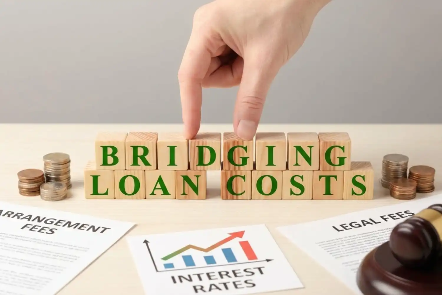 Bridging loan costs breakdown — arrangement fees, interest rates and legal fees illustrated on a desk