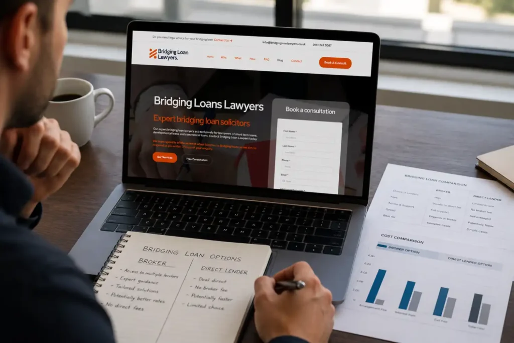 Bridging loan broker vs direct lender — borrower comparing finance options at desk