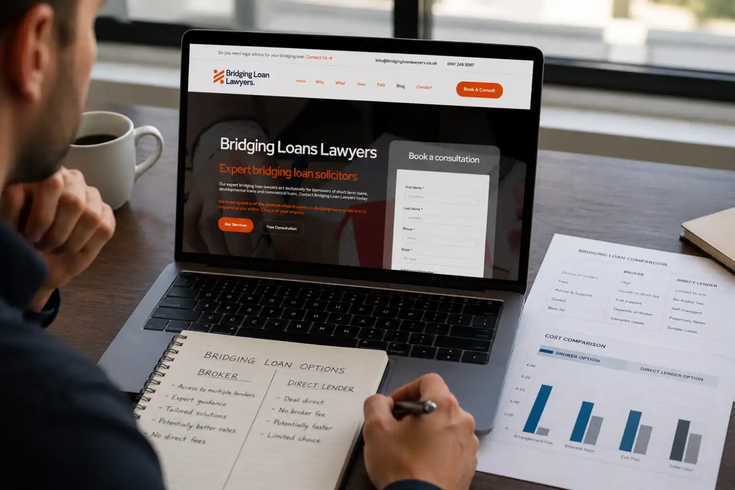 Bridging loan broker vs direct lender — borrower comparing finance options at desk