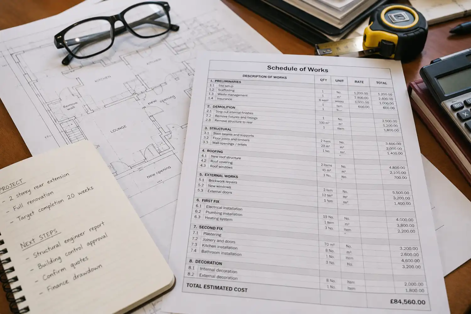 Derelict property bridging loan — renovation plan and schedule of works on a surveyor's desk