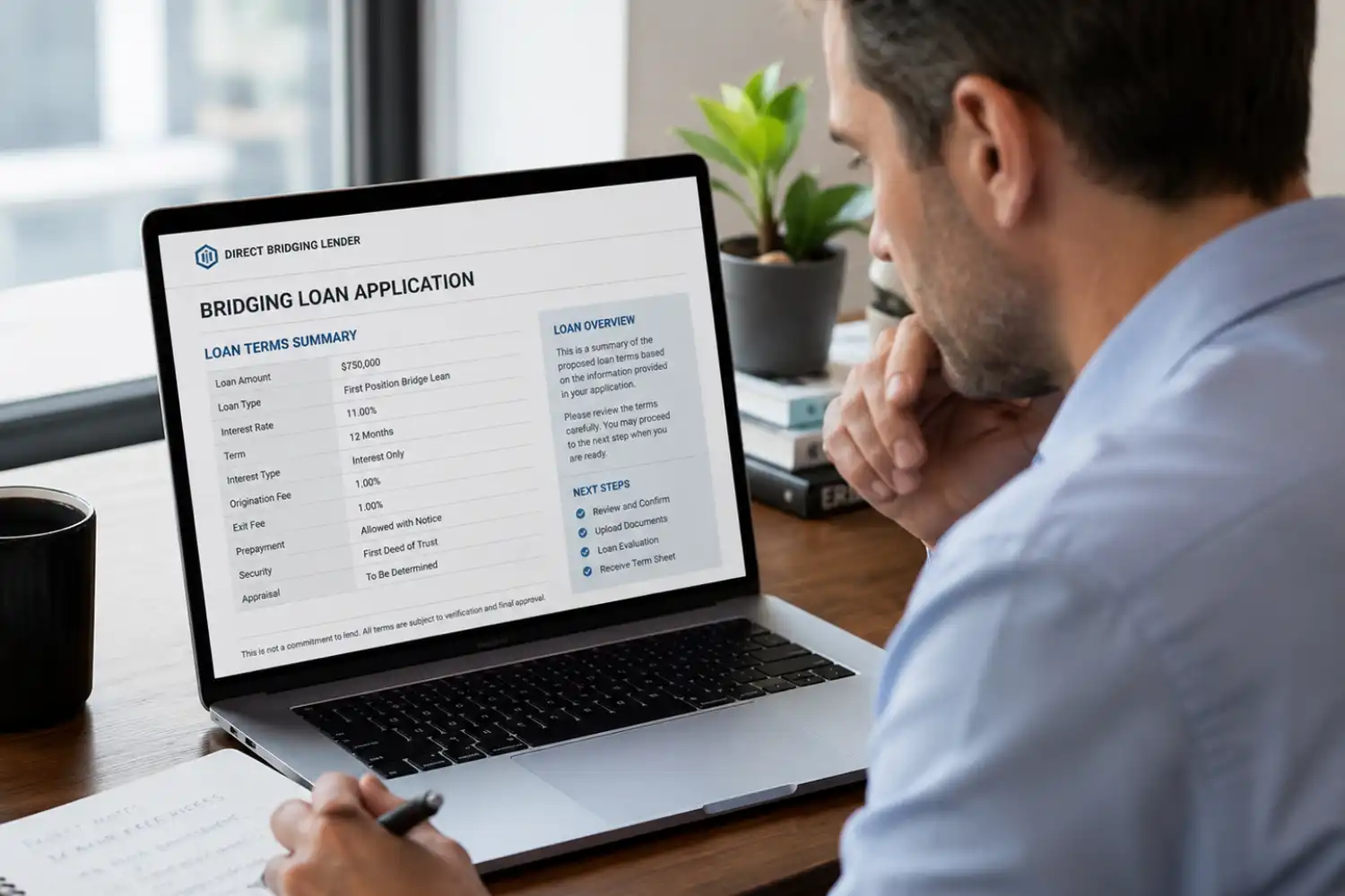 Direct bridging lender application — borrower reviewing loan terms independently