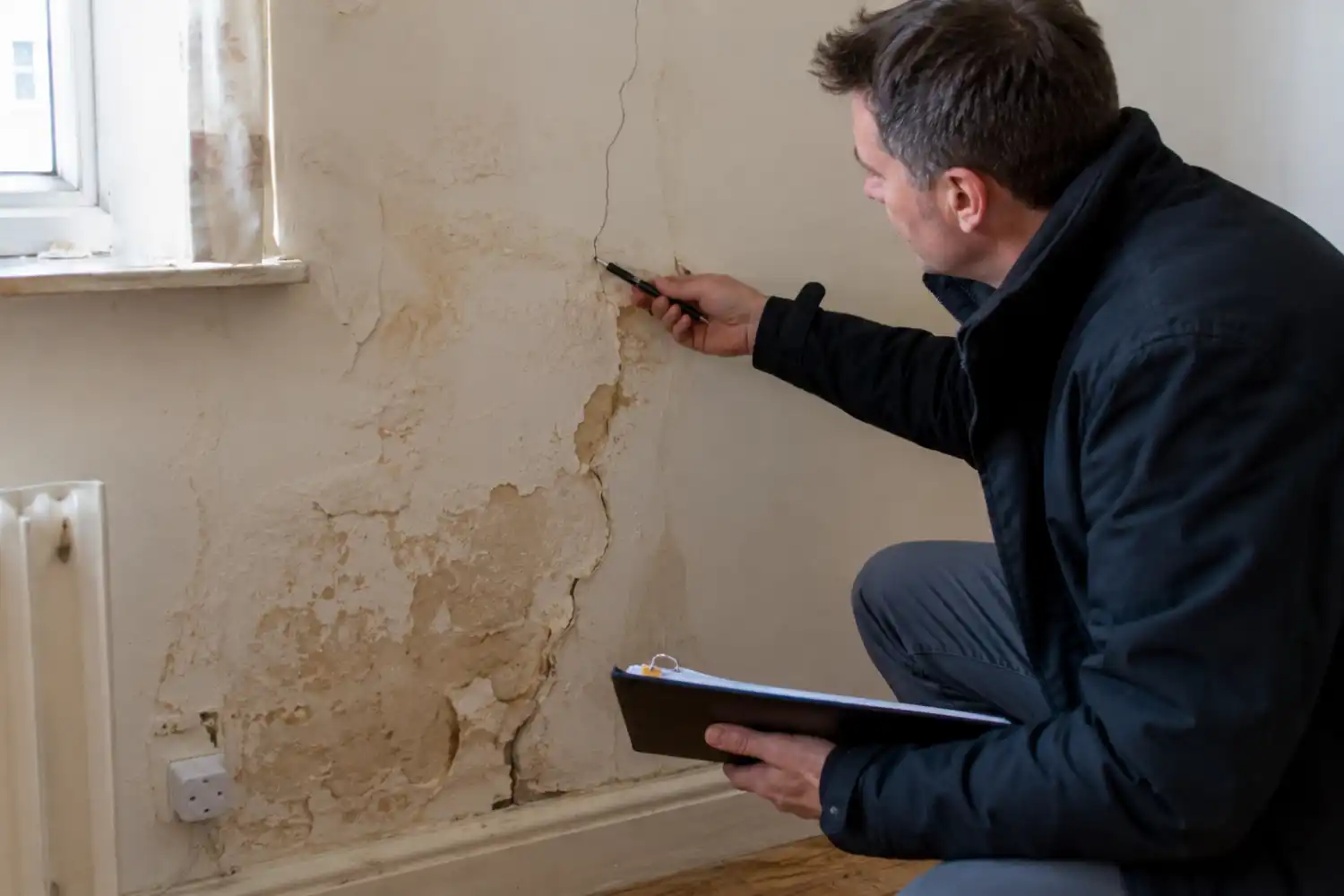 what surveyors look for bridging loan — surveyor checking wall damp and structural cracks inside property