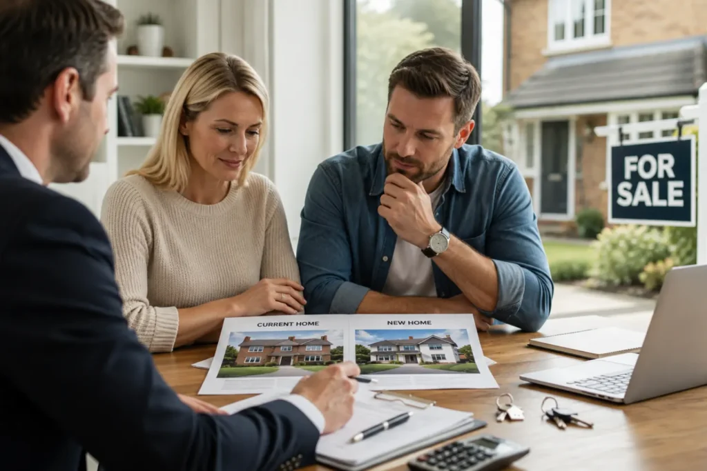 bridging loan to buy before selling — homeowner reviewing property finance documents at desk with house keys