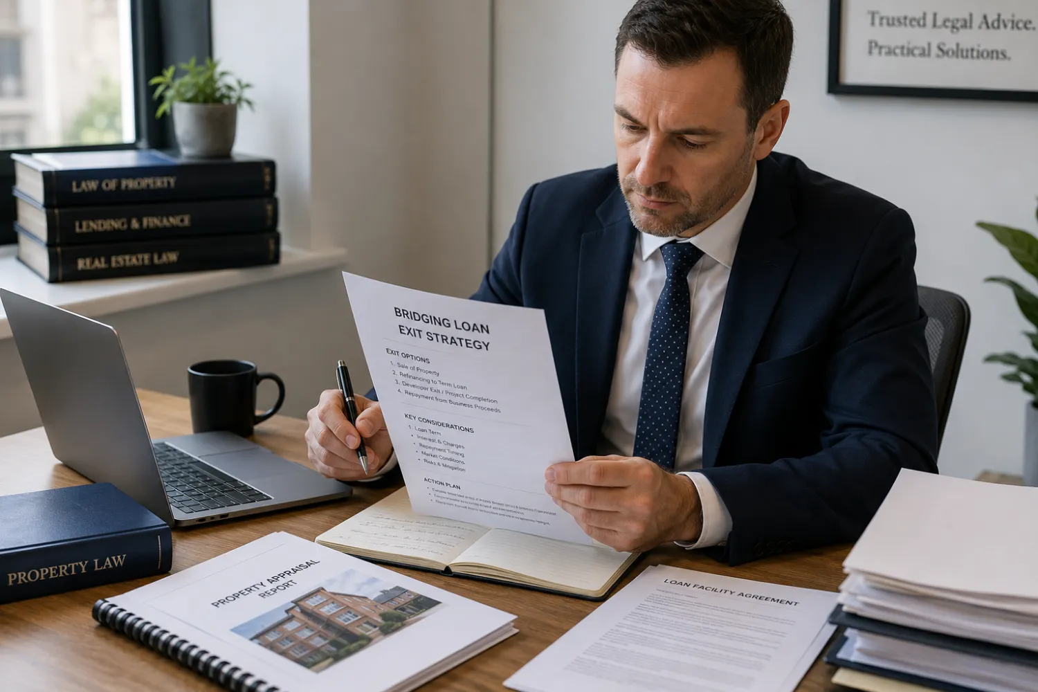 Bridging loan solicitor reviewing exit strategy documents