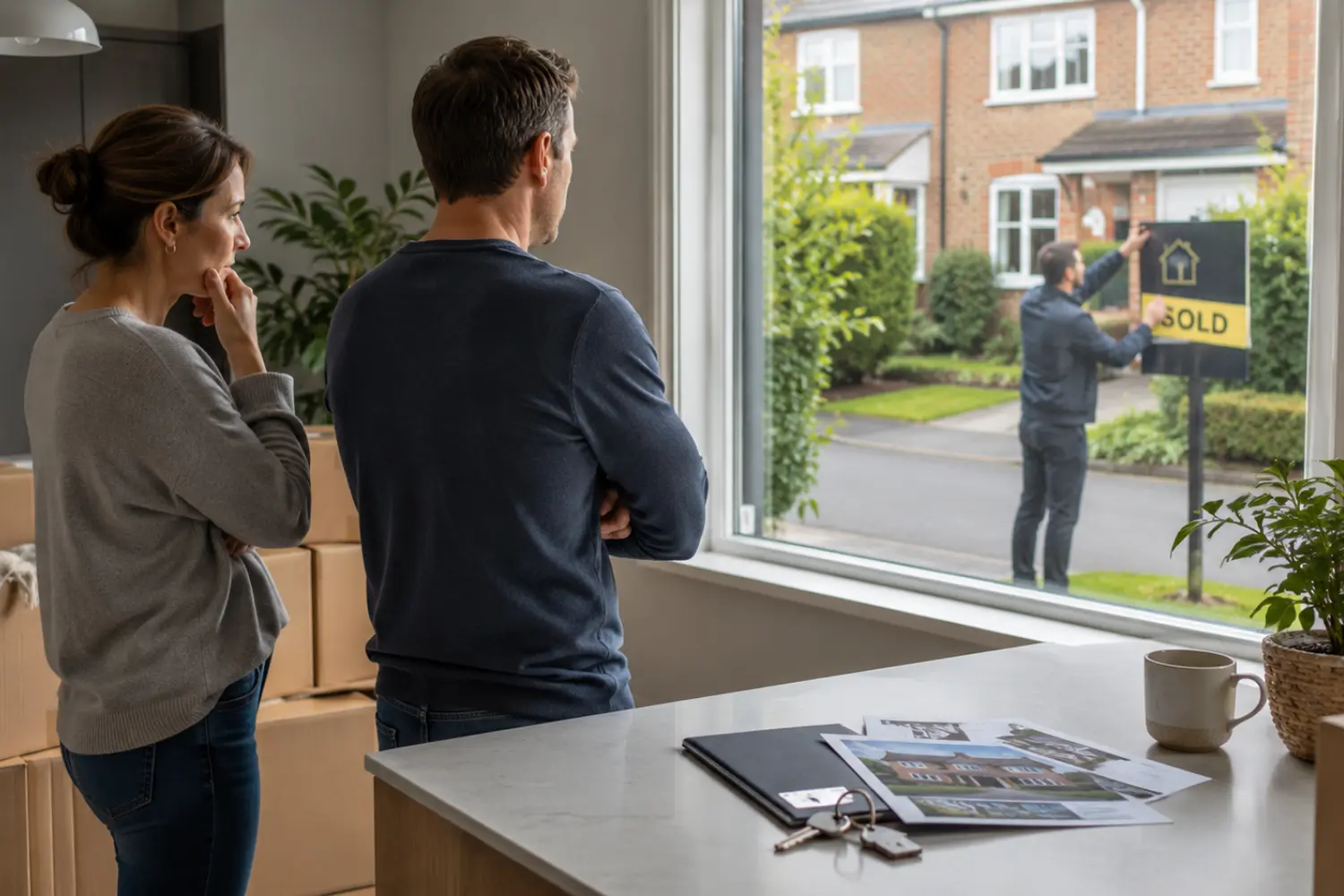 property chain break bridging loan — estate agent explaining broken property chain to homebuyer