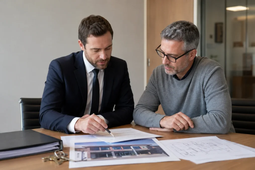 Solicitor and business buyer reviewing a commercial property bridging loan agreement
