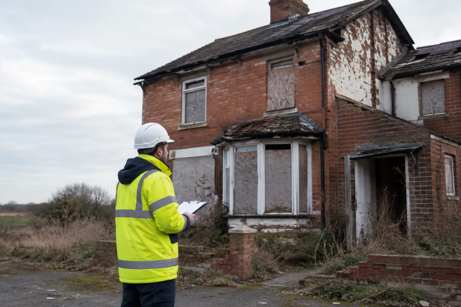 Surveyor assessing an uninhabitable property for a bridging loan valuation